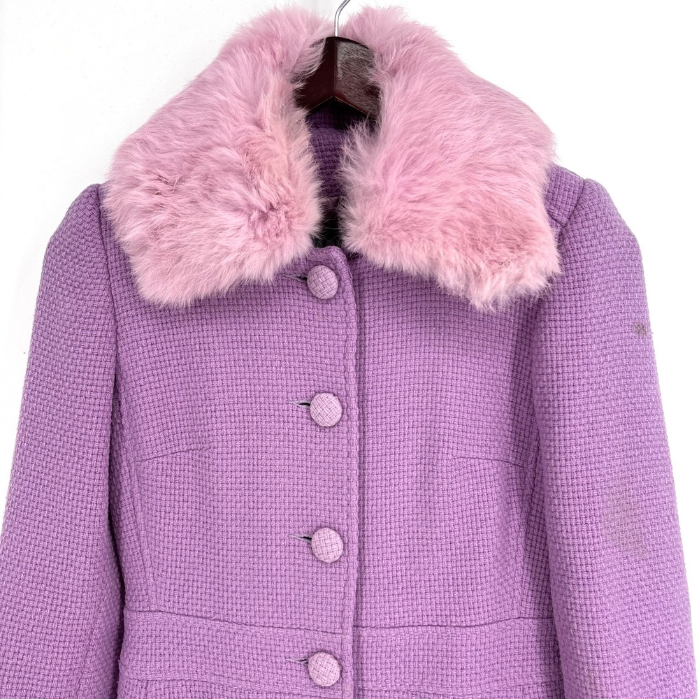 Y2K Marvin Richards Elegant Lavender Tweed Wool Blend‎ Dress Coat Fur Trim XS - Picture 2 of 15